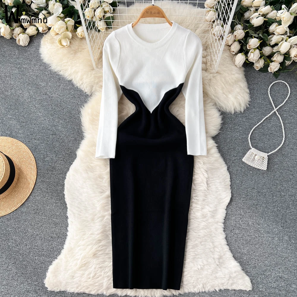 

Black White Spliced Knit Long Dress Korean Fashion Design Slim Sexy O Neck Autumn Winter Warm Vestido Elegant Chic Evening Robes