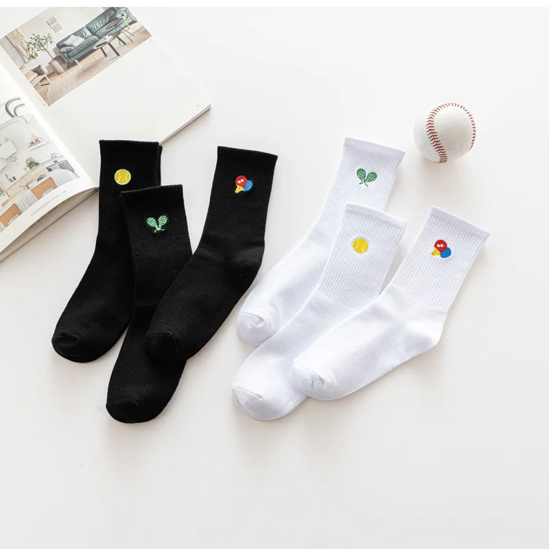 

New Streetwear Sport Stockings Cotton Harajuku Funny Black White Pingpong Tennis Embroidery Fashion Printed Long Men Women Socks