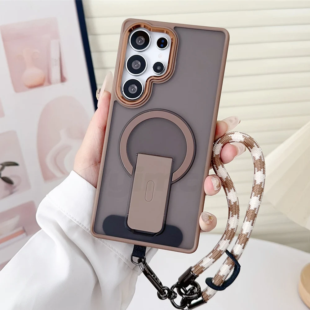 Luxury Lanyard Magnetic Folding Stand Phone Case For Samsung S25 Edge S24 Plus FE S23 Ultra For Magsafe Wireless Charging Cover