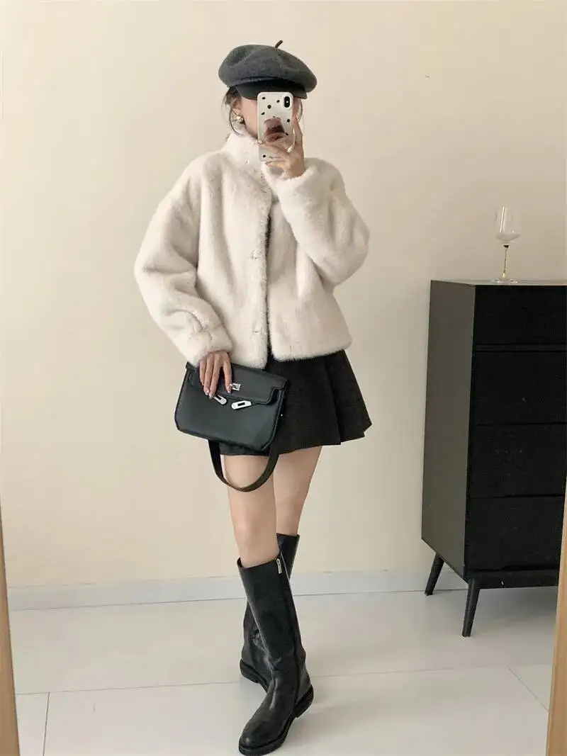 LANMREM Eco-friendly Mink Fur Windproof Stand Collar Faux Mink Coat For Women Warm Winter Thick Jackets With Pockets 2DB5167