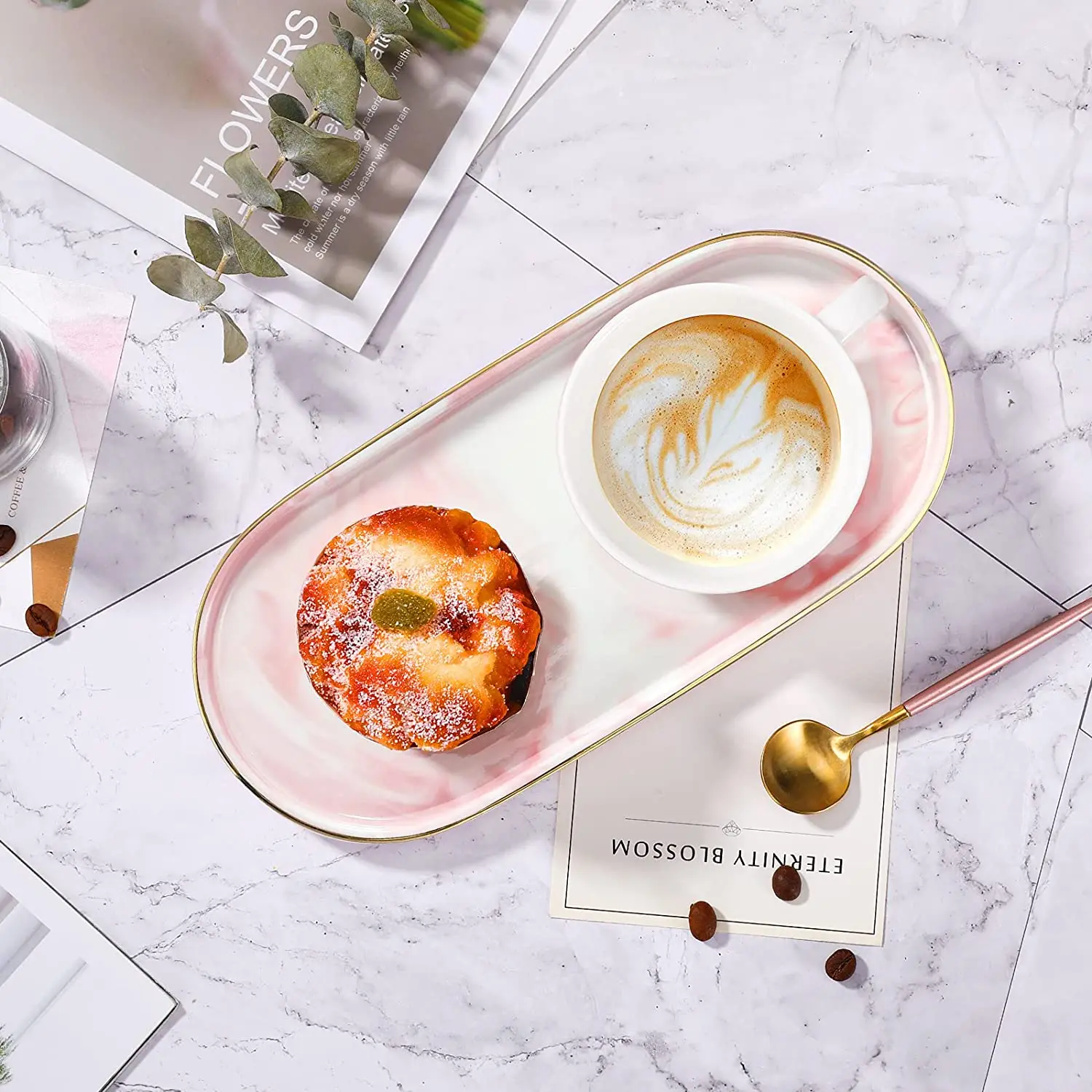 Bathroom Vanity Tray,Decorative Jewelry Perfume Organizer Ceramic Gold Tray,Bedroom Dresser Kitchen Sink Countertop Dish Hold