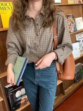 

Spring New Korean Commuter Retro Brown Plaid Shirt Women's Loose Long Sleeve Bottomed Shirt Coat Fashion