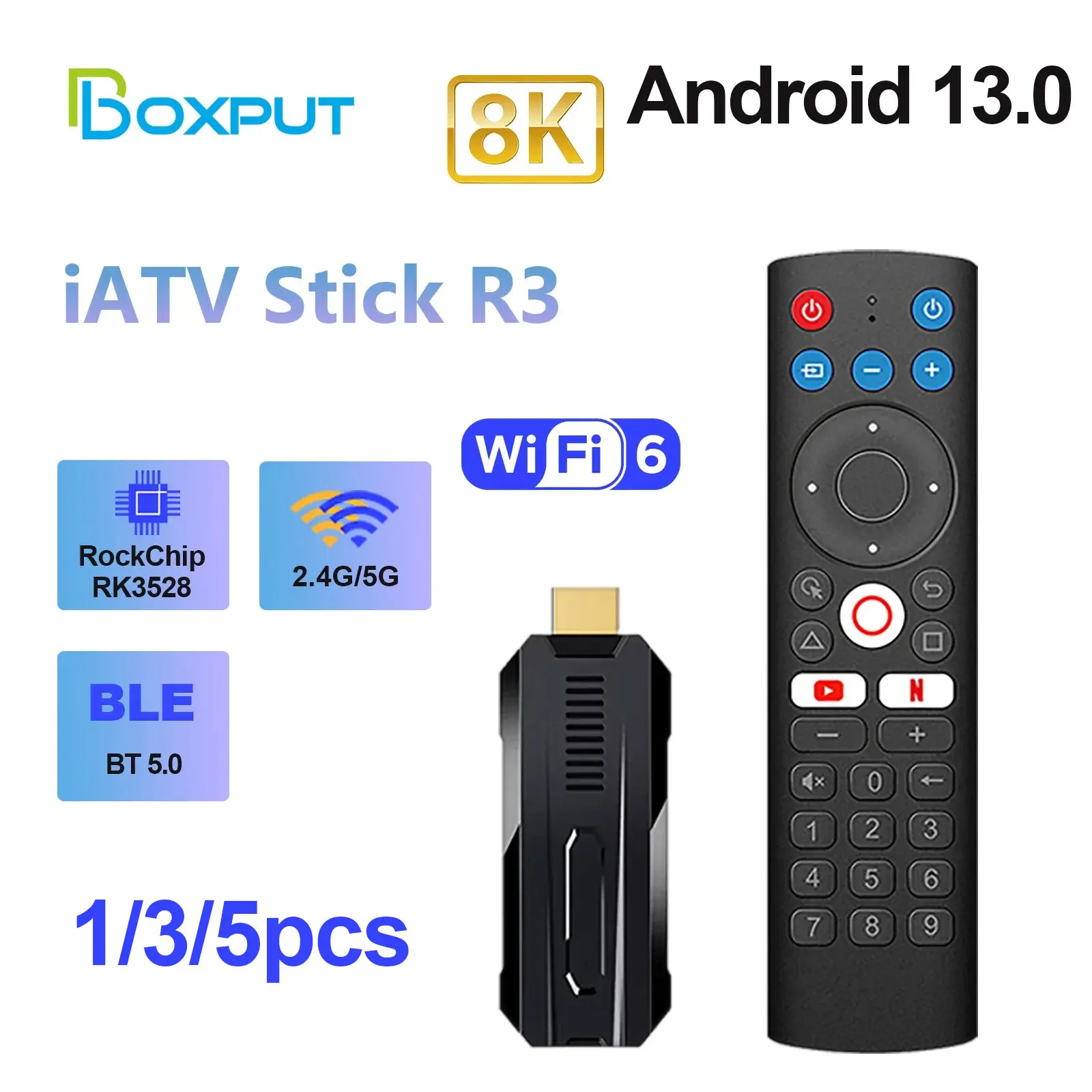 

Оптовая продажа, Android 13 iATV R3 Fire TV Stick RockChip RK3528 8K, Портативный ТВ-бокс 2,4G/Φ WiFi6 BT5.0 OTG TF слот, логотип на заказ