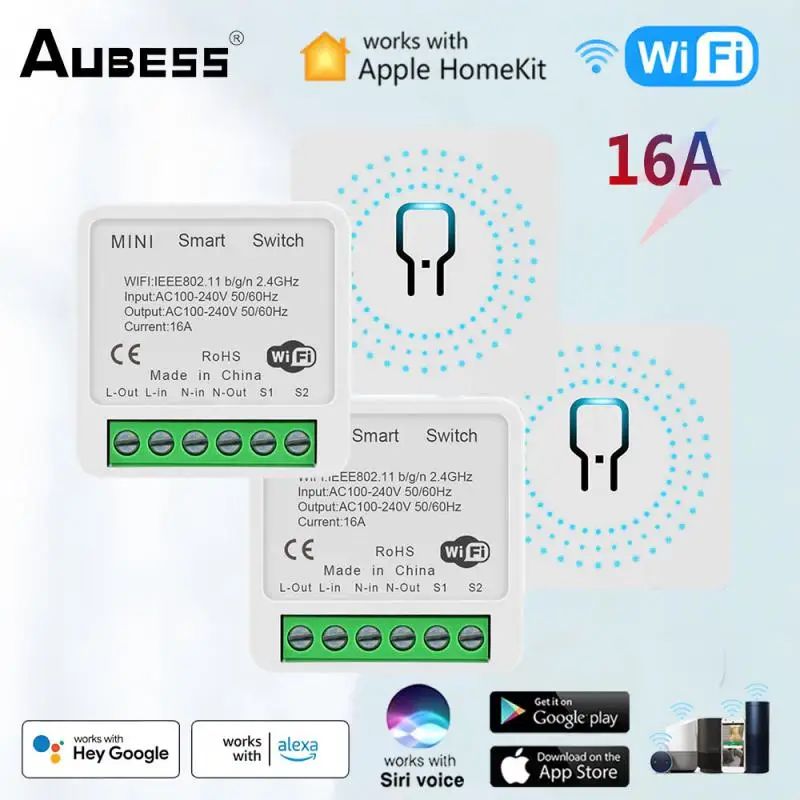 

16A WiFi Homekit Smart Switch 2-Way Control Wireless Relay Breaker Voice Control Mini Switches Work With Siri Alexa Google Home