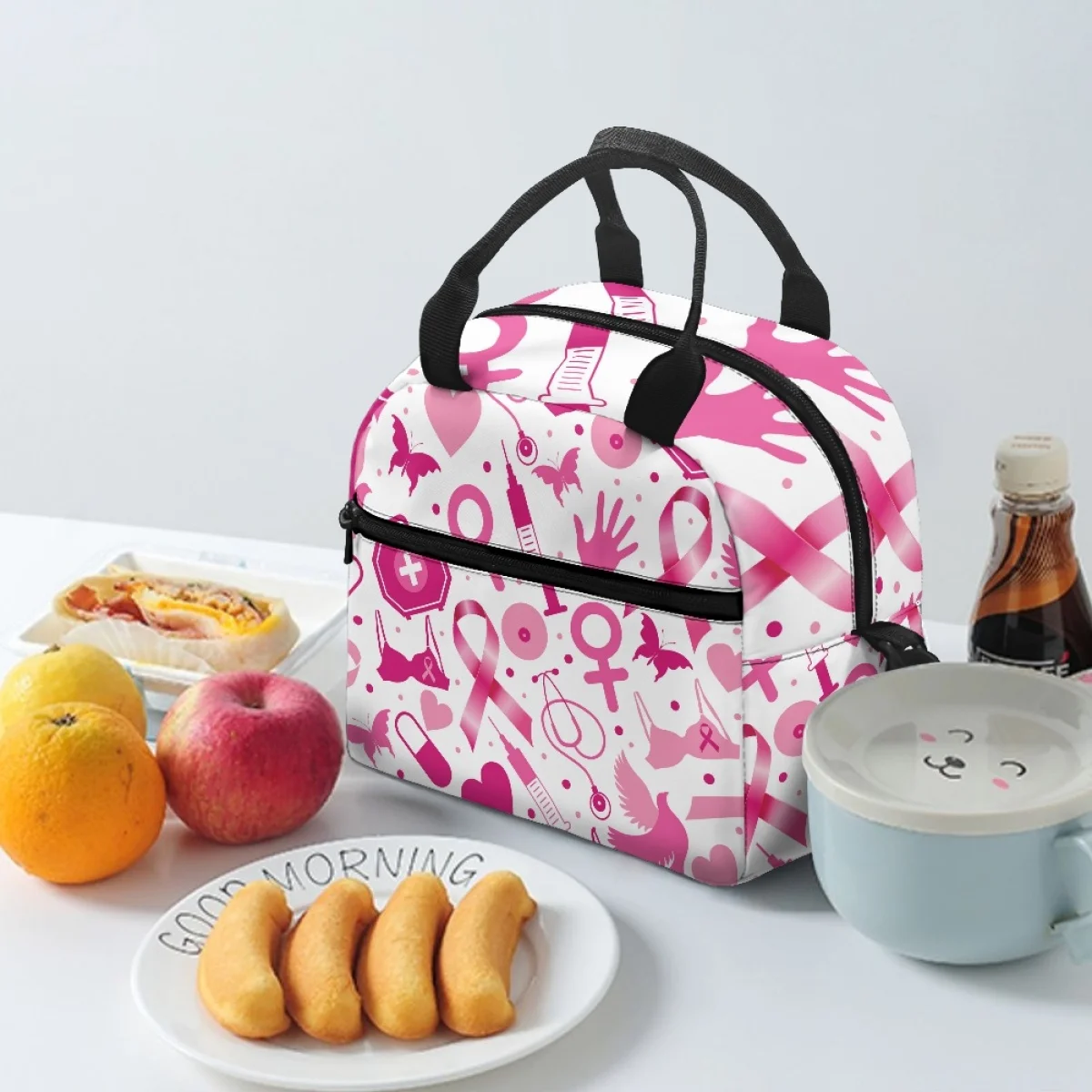 FORUDESIGNS Pink Ribbon Breast Cancer Lunch Box for Women Zipper Design Breakfast Nsulation Thermal Package Camping Travel