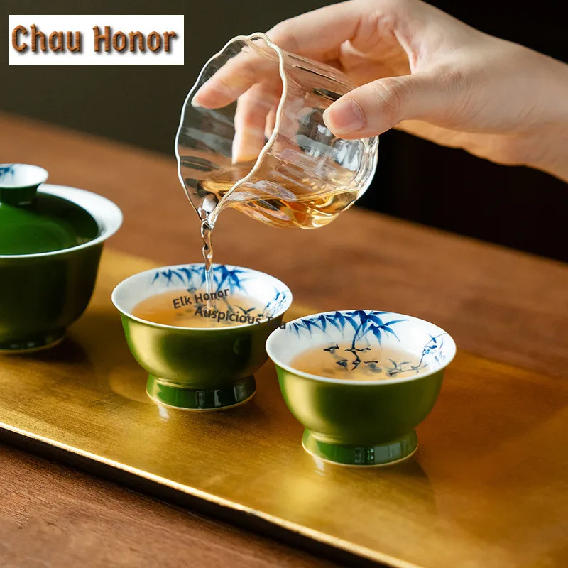 2pc/lot Hand-painted Blue Bamboo Teacup Creative Tea Bowl Jug Tea-tasting Smelling Cup Jianzhan Master Cup Cafes Decoration 60ml