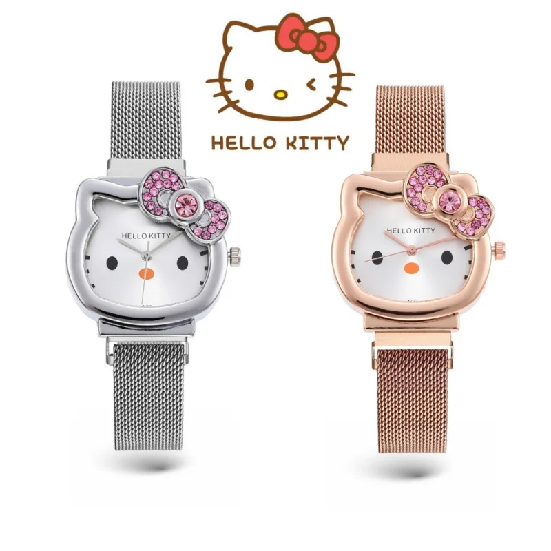 Fashion Diamond Watch Cat Bow Kawaii Pink Ladies Sliver Metal Jewelry Hellokittys Cartoon Orologio Magnetico Fidanzata Compleanno
