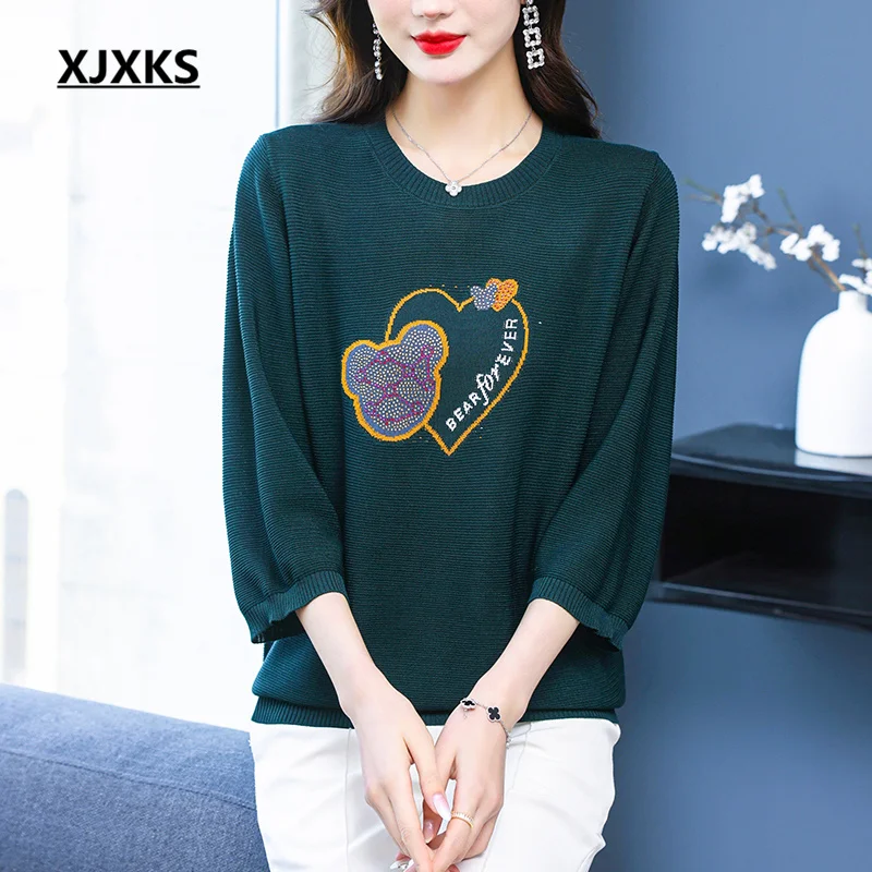 

XJXKS Delicate Diamond Studded Linen Knit Pullover Women's T-shirt 2023 Spring Summer New Loose Comfortable Ladies Tops
