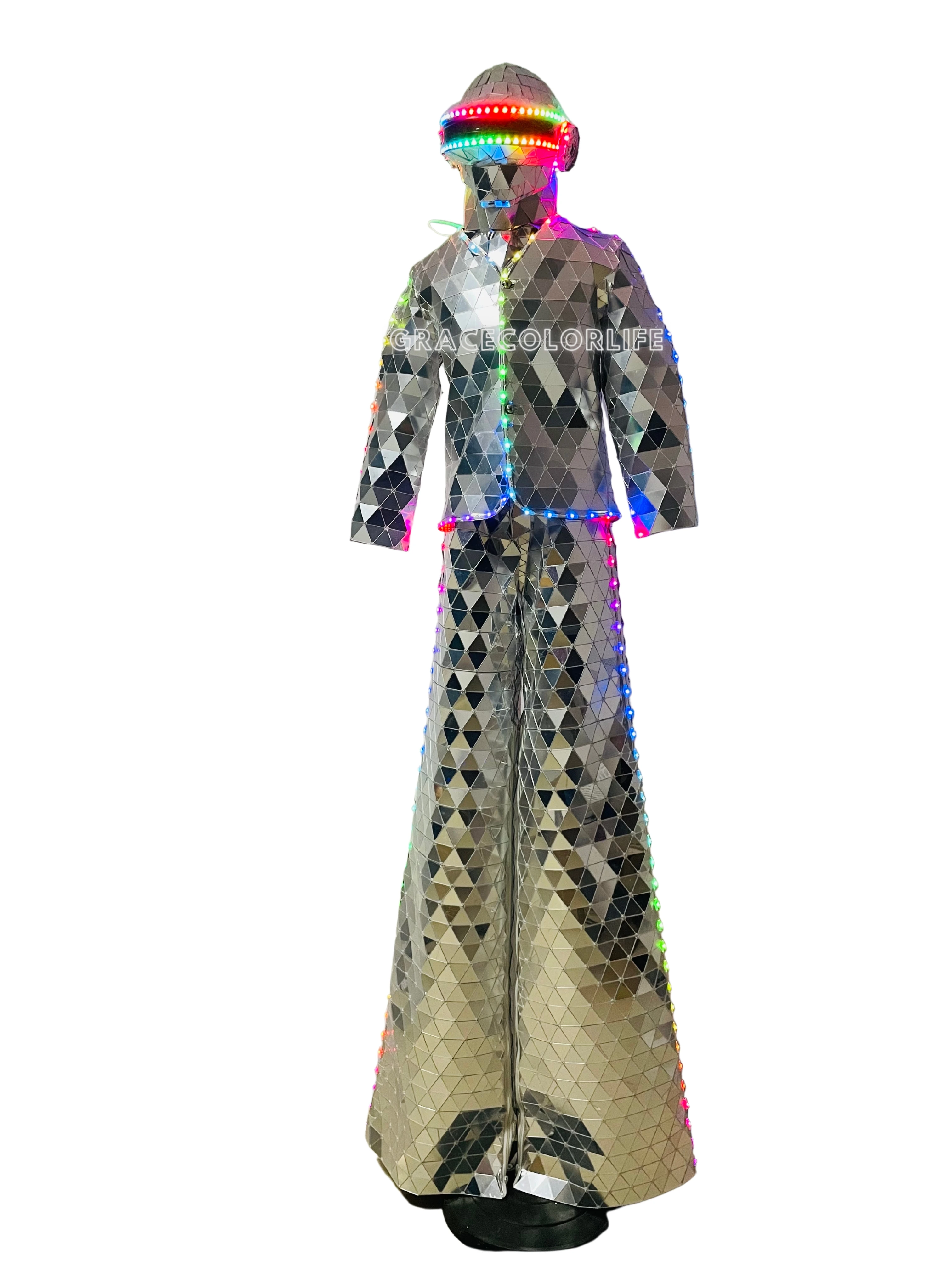 

Silver Mirror Show Suit Hand Sewn LED Stilts Walker Stage Performance Dress Dance Clothing for Party Nightclub