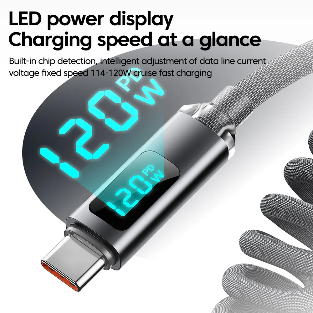 120W Digital Display Spring Retractable USB C To Type C Cable for Universal USB Charger Fast Charging USB Type C Cable