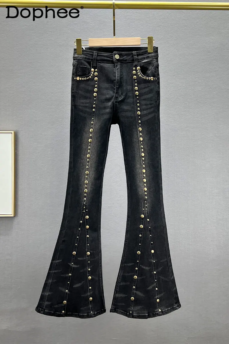 high-street-denim-bell-bottom-pants-women-fashionable-2023-new-autumn-elastic-high-waist-slim-slimming-rivet-mop-pants-tide