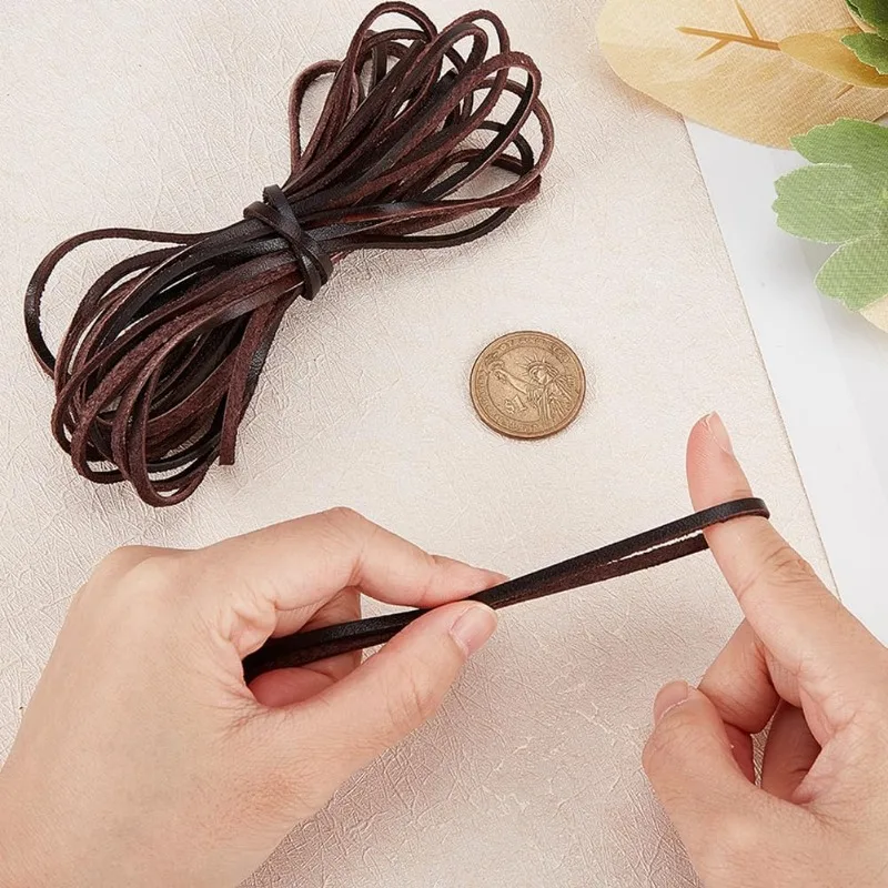 5M Genuine Leather Strip 3mm Wide Flat Leather Cord 2mm Thick Cowhide String Strap Braiding Thread Rope for Bracelets