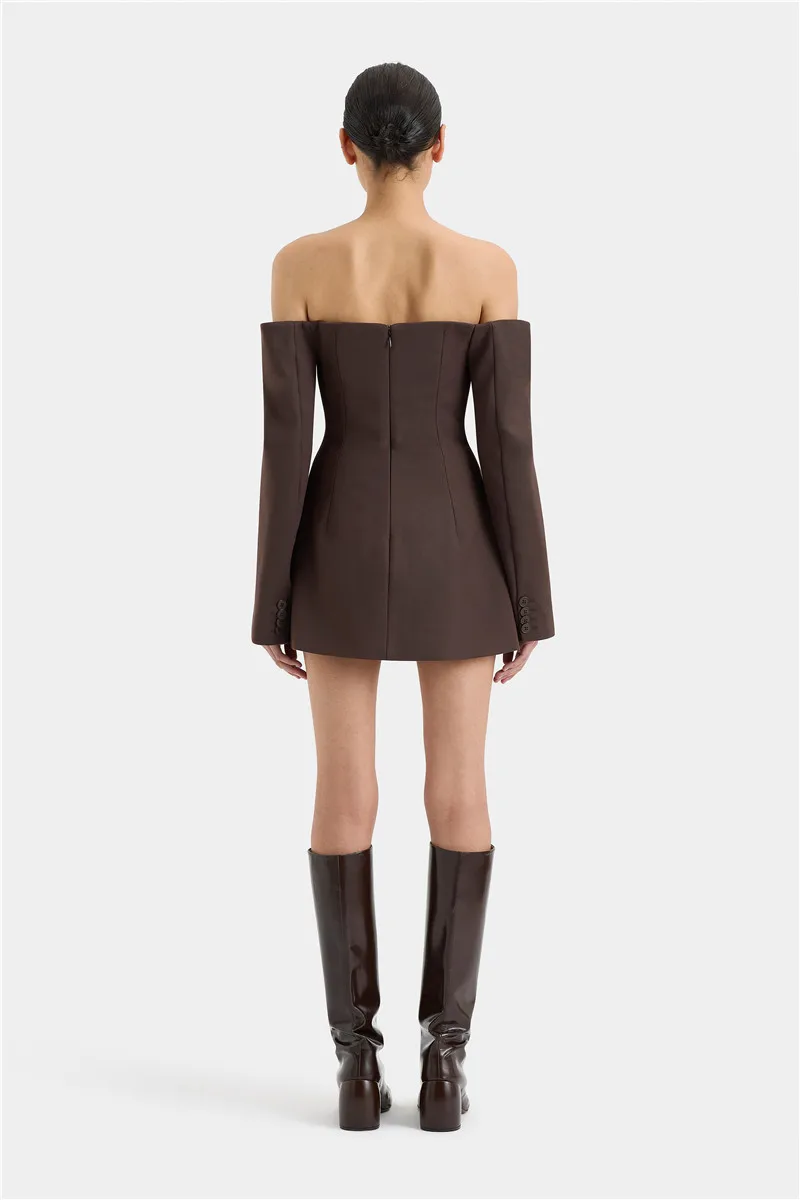 Off-shoulder Strapless Sexy Blazer Dress For Women Fashion Solid Zipper Two Pocket Long Sleeve Backless Mini Dress