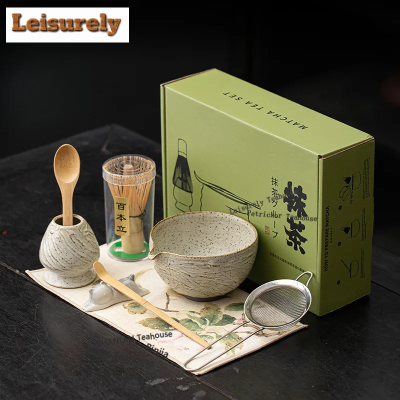 Tao Ye Matcha Set Eight-piece Coarse Pottery Kiln-change Ceramic Tea Bowl Hundred Book Stand Whisk Imitation Song Drinkware Gift