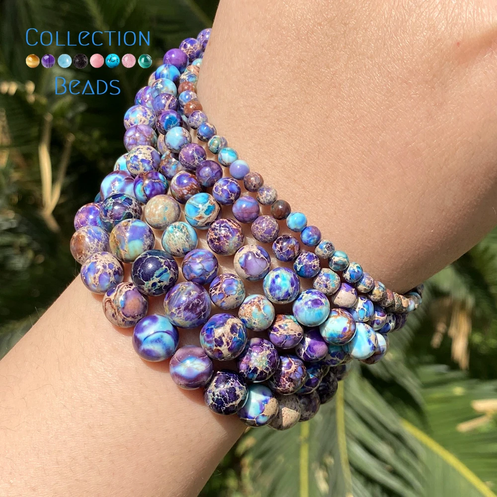 Natural Stone Sea Sediment Jasper Beads in Purple & Lake Blue - Round Spacer Beads for DIY Jewelry & Bracelets