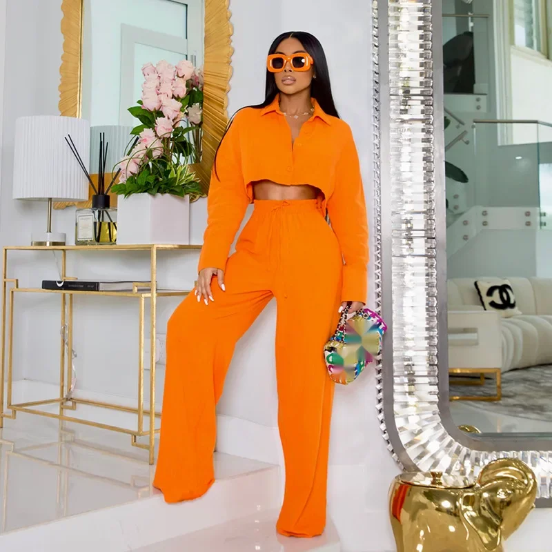 Women's Two-piece Suit Spring Summer Casual Sets Long-sleeve Ultrashort Shirt Top Blouses 2-piece Sets Wide-leg Trousers Female