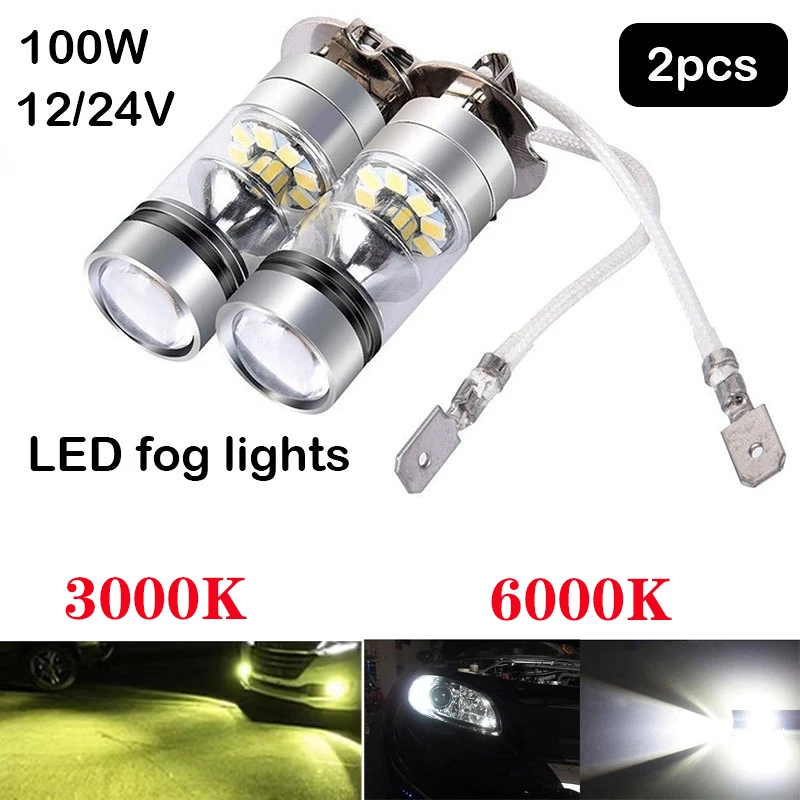 2Pcs 100W H1 H3 LED Fog Light Driving Bulb 12/24V Fog Lamp Headlamp 20SMD  10000LM White 6000K Car Headlight Car Accessories - AliExpress