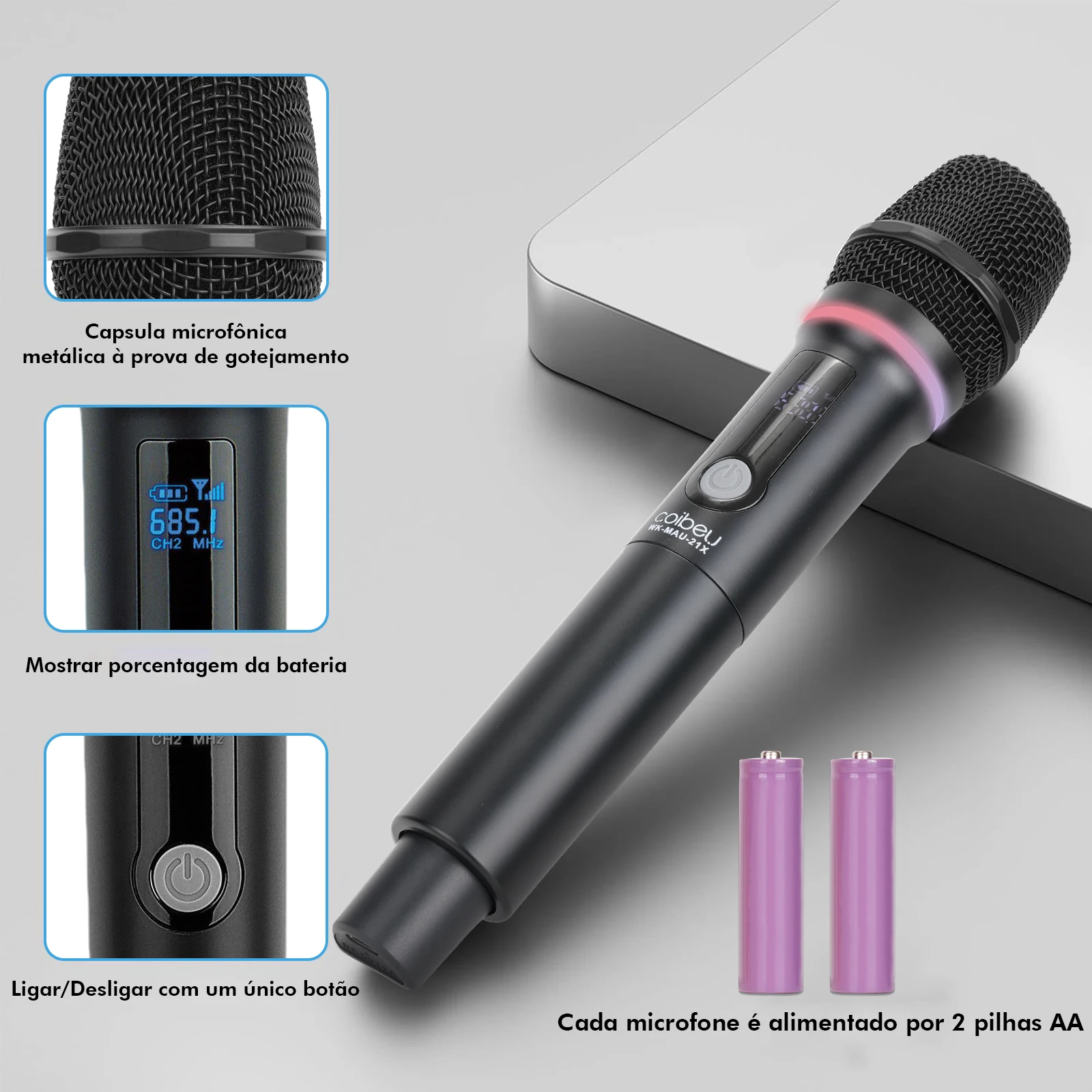 Microfone Sem Fio, Sistema de Microfone Sem Fio UHF 1 Transmissor + 2 Receptores - Áudio Profissional, LED RGB Dinâmico, Coibeu