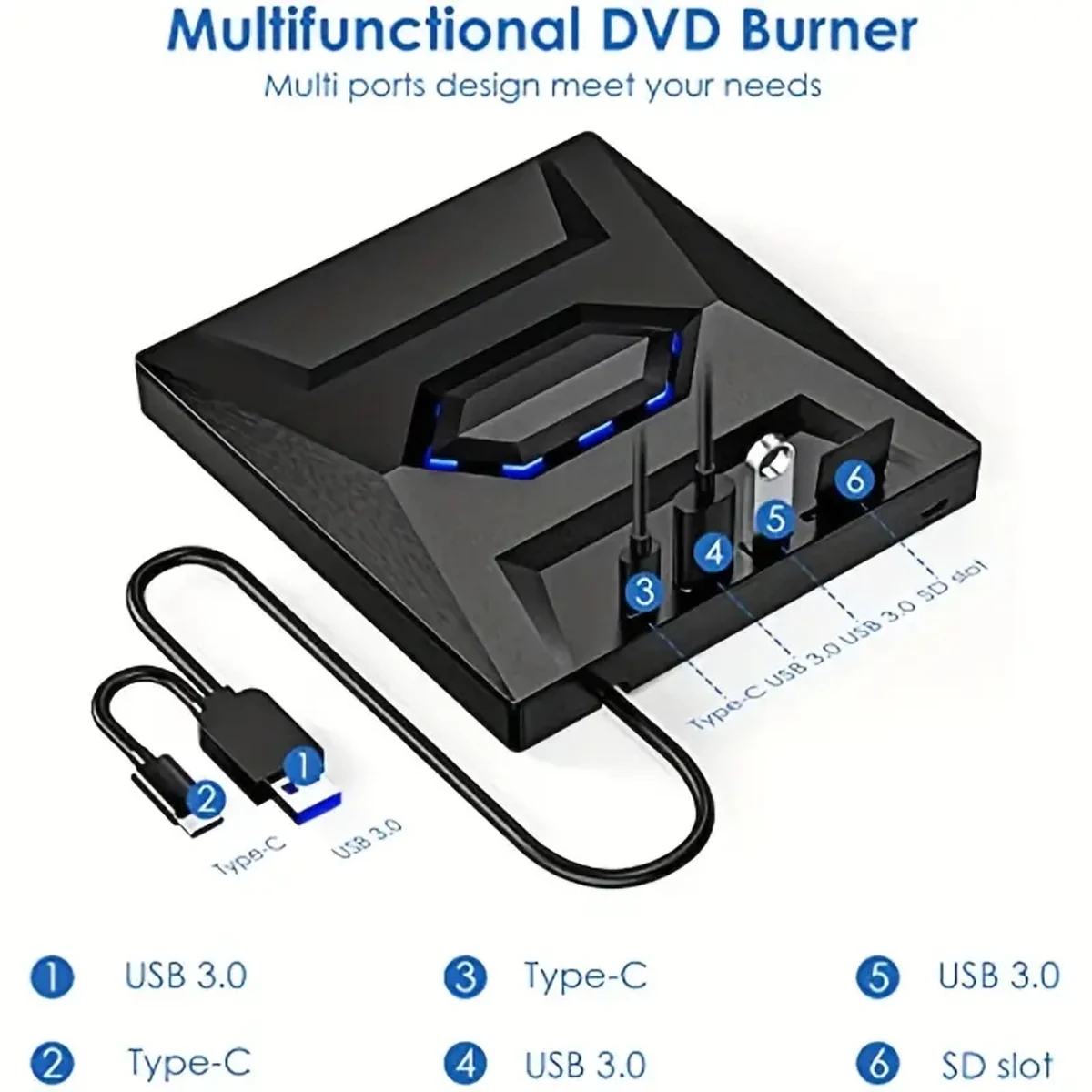 6IN1 Portable USB3.0 External DVD Burner Drive Card Reader Player CD Drive Laptop Desktop Accessories dvd player