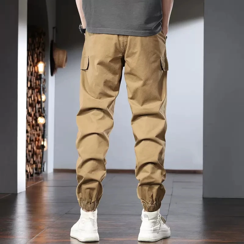 Summer Khaki Cotton Men's Cargo Pants Streetwear Tactical Casual Loose Elastic Waist Trousers