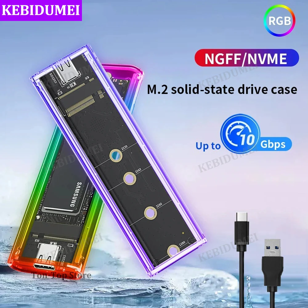 External Hard Drive Case SSD Enclosure Hard Drive Enclosure Hard Disk Case External Hard Drive Box HDD Case Enclosure RGB M.2 NVMe SATA SSD Enclosure 10gbps USB3.1 Gen2 Transparent Hard Drive Box for M/B Key SSD 2230 2242 2260 2280 for PC