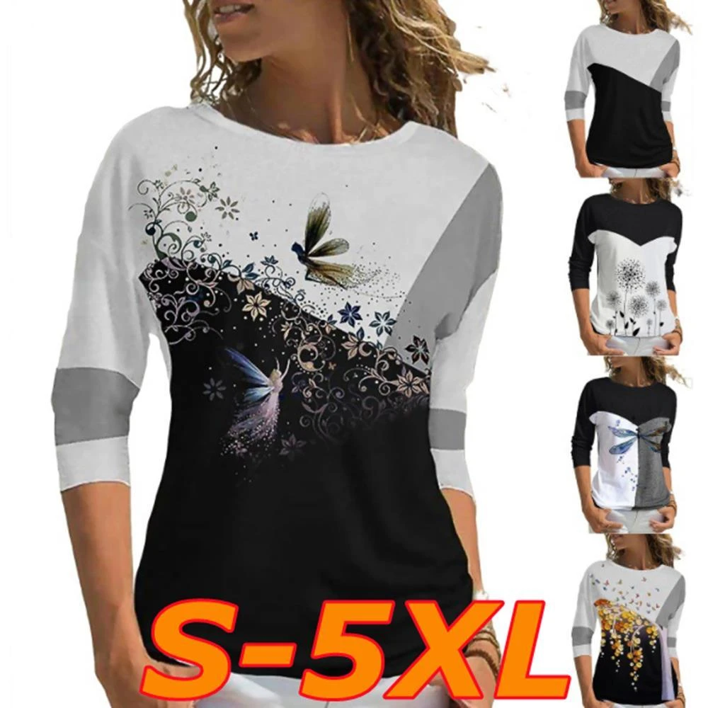 2022 New Spring Autumn Women's Fashion Loose Casual Floral Print Long Sleeve Floral Print Round Neck Autumn Tshirt Tops Blouses mens graphic tees