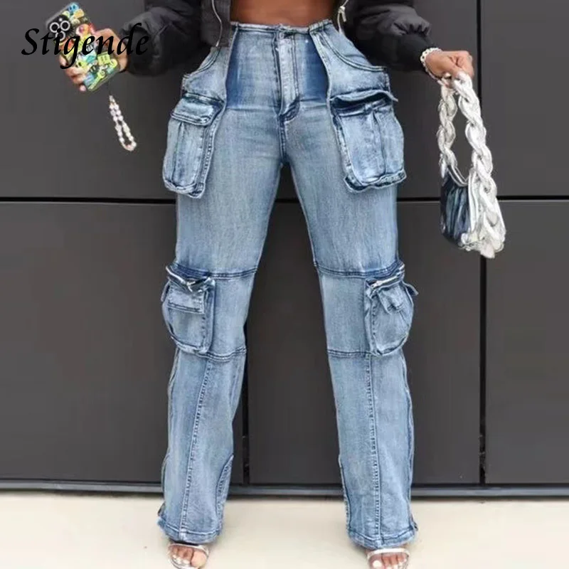 

Stigende Wide Leg Multiple Pockets Jeans Women Cargo Denim Pants Y2k Streetwear Zipper Split Leg Straight Jeans