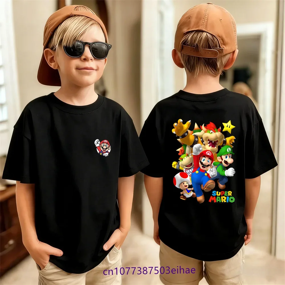 2026 새로운 슈퍼 마리오 애니메이션 어린이용 순면 티셔츠, 여름 패션 캐주얼 티셔츠, 유니섹스 통기성 탑 마리오 브라더스
