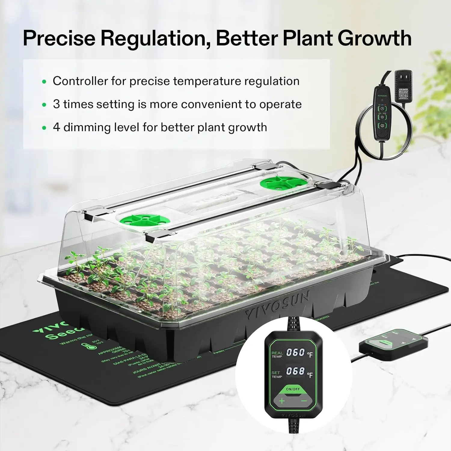 1 set of 40-cell seed germination trays, equipped with a set of LED lights and a 10-inch x 20.75-inch seedling heating pad