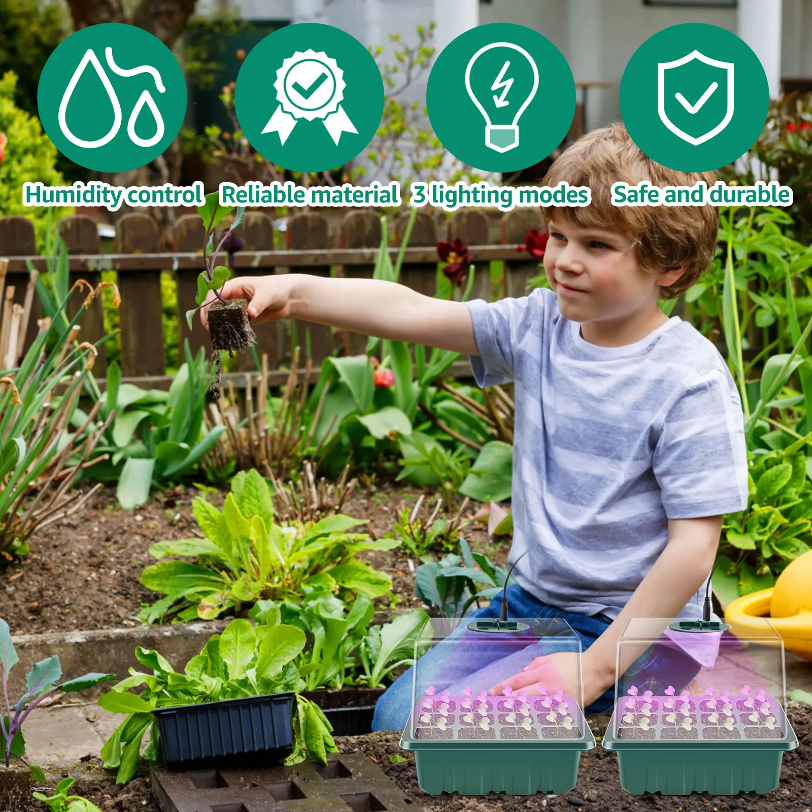 Seed Starter Tray with Grow Light Humidity Adjustable Seedling Trays Mini Propagator Triple Lighting Modes Gardening Accessories