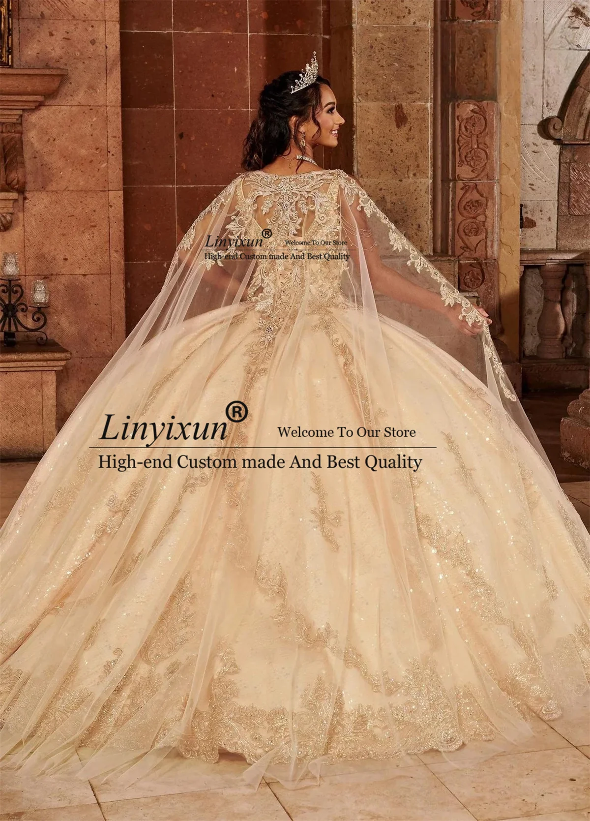 V Neck Cape Sequins Quinceanera Dresses Lace Appliques Princess Ball Gown Sweet 16 Dress Lace-Up Court Train Vestidos De 15 años