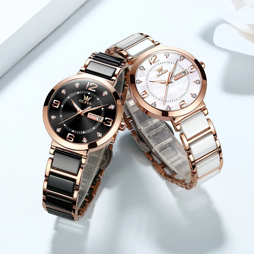 OLEVS New Ceramics Watchstrap Watch For Women Luxury Business Diamonds Wristwatch Fashion Waterproof Dual Calendar Woman Watches 6