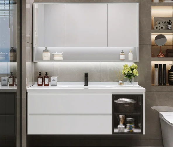 Factory Directly Modern Hotel Hanging Waterproof Mirror Pvc Wash Basin Vanity Bathroom Cabinet