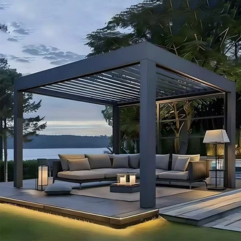Motorized Waterproof Outdoor Aluminum Pergola Louvered Gazebo Bioclimatic Garden Sun Shade Terrace Retractable Canopy Luxury