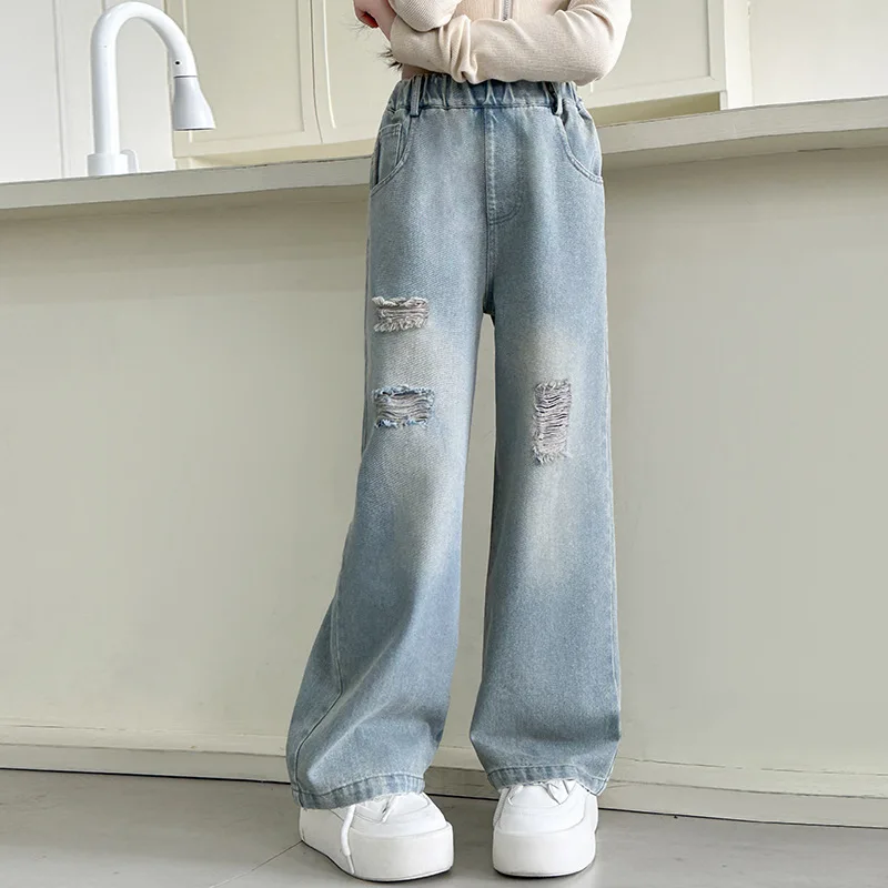 청소년을위한 구멍이있는 아동 패션 디스트레스드 헐렁한 청바지 소녀 캐주얼 파손 데님 바지 어린이 세련된 찢어진 청바지 바지