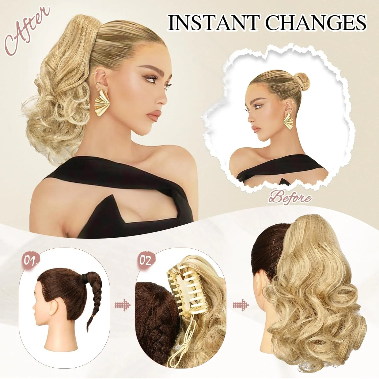 Fake Hair Extensions VIVIEIEI Synthetic Claw Clip Ponytail Hair Extensions Short Curly Natural Tail False Hair For Women Horse Tail Black Hairpiece
