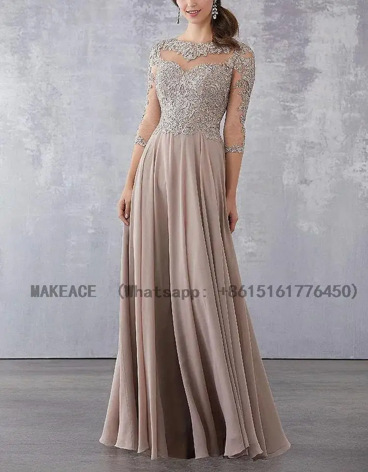

2023 Champagne Mother of the Bride Dresses Chiffon with Sleeve Sheer Neck Wedding Guest Dress Vestido de madrinha