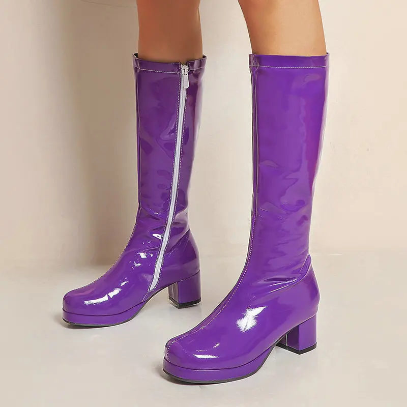 

Winter New Women Knee High Boots Candy Color Patent Leather Square High Heels Long Boots Side Zip Ladies Party Booties