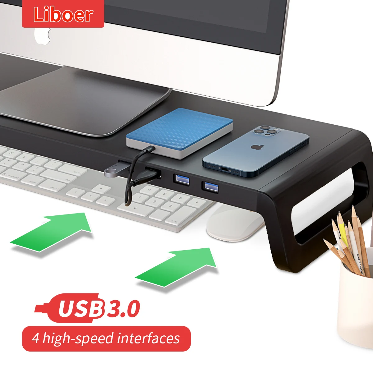Alumínio Alloy Monitor Stand Riser Portas Usb 3.0 Robusto Computador Desktop Laptop Desk Support