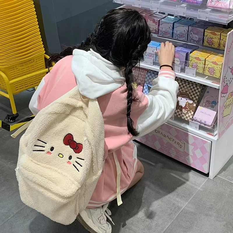 

Kawaii Hello Kitty Backpack Lamb Wool Schoolbag Cartoon Kt Cat Large Capacity Backpack Girls Students Plush Shoulders Bag Gift