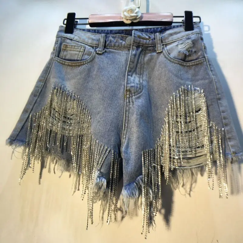 

Summer New Perforated High Waisted Rhinestone Tassel Chain Slim Fit Straight Leg Denim Shorts for Women's Fashion Design