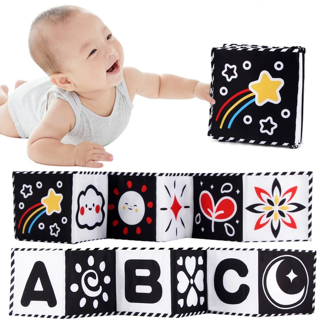Livre sensoriel en tissu pour bébé de 0 à 36 mois, jouets pour bébé à contraste élevé, jouets de berceau pour nouveau-né, livres en tissu d'animaux noir et blanc, jouets Montessori 1
