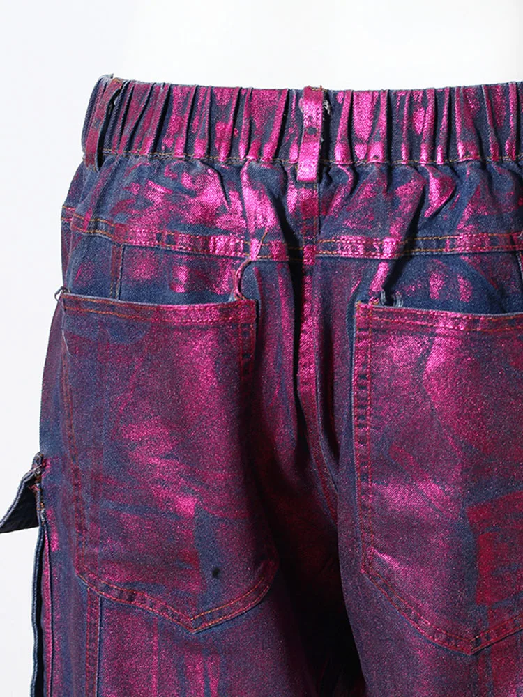 DEAT Women Denim Pants Elastic High Waist Multiple Pockets Purple Paint-coat Plated Cargo Jeans 2024 Summer New Fashion 7AB3206