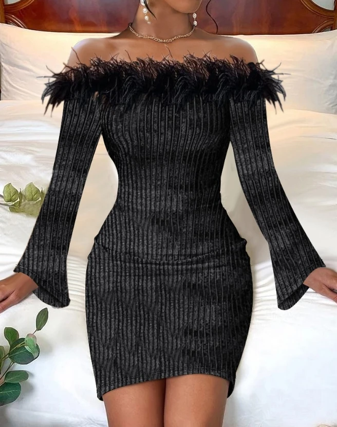 

Sexy Night Out Off Shoulder Long Sleeved Feather Detail Velvet Bodycon Dress 2023 Autumn Elegant Mini Evening Dress Party Dress