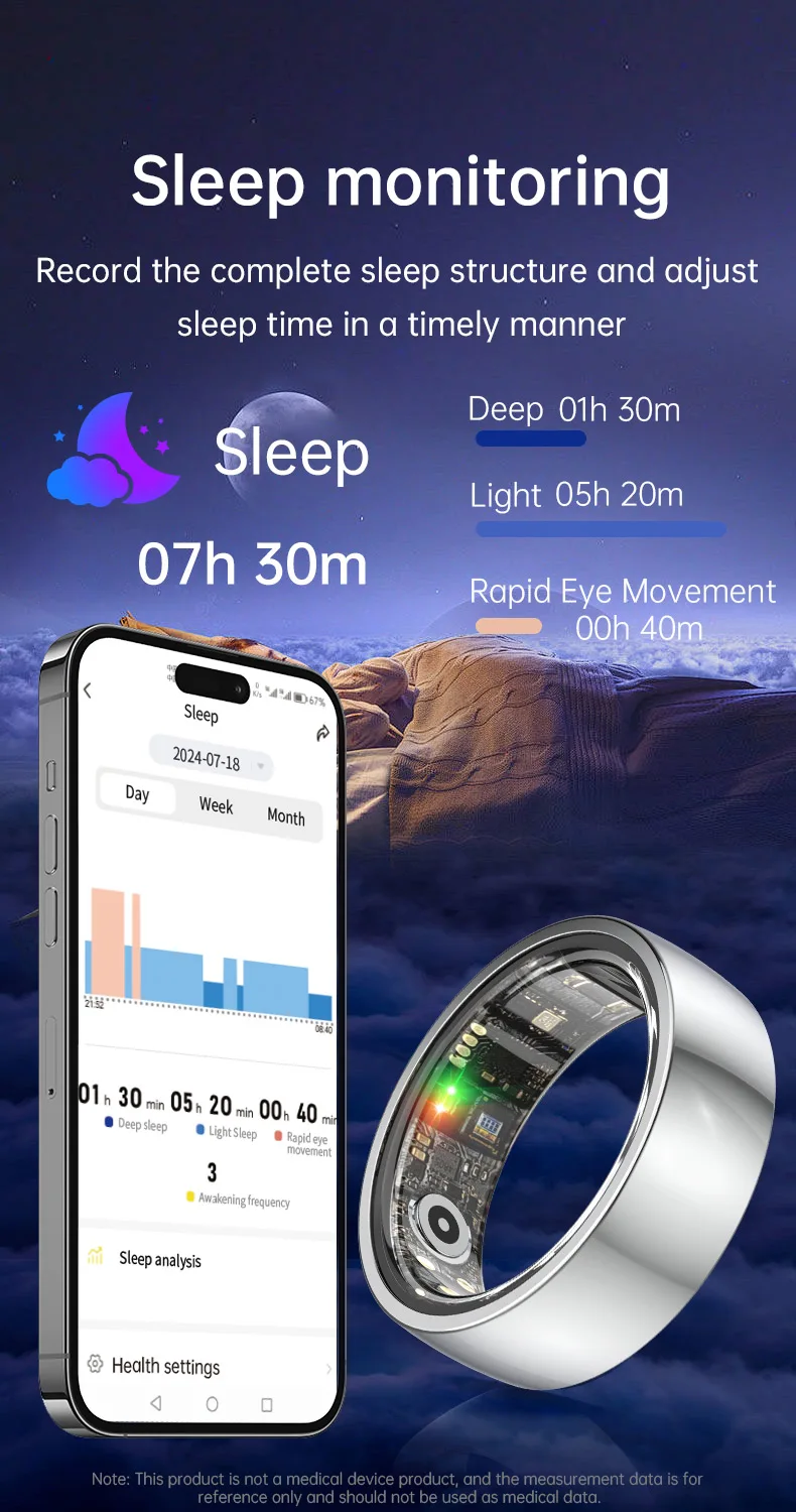 R1000 Stainless Steel Health Tracker Smart Ring Blood Oxygen Pressure Heart Rate Monitor Smart Finger Rings Fitness Waterproof