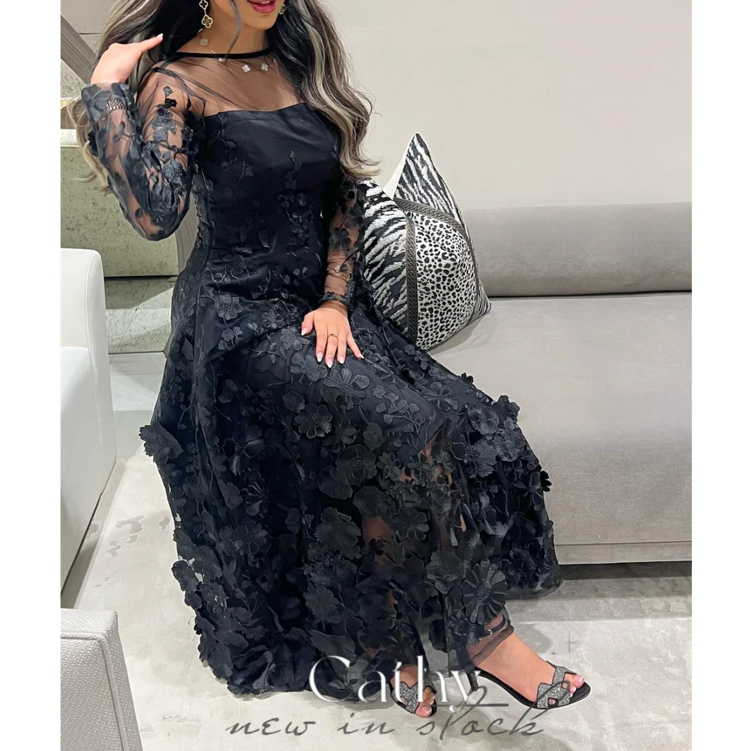 

Cathy Black Flower Lace Appliques Prom Dresses A-line Tulle vestidos par boda Illusion Neckline Floor-Length Wedding Dress 2024