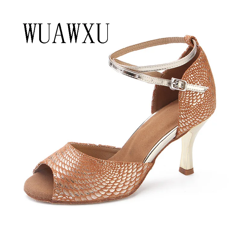 NATASHA Fish Mouth Latin Dance Shoes Women's Adult Soft Sole Gold Genuine Leather Medium Heel 7.5cm Professional Square Social D