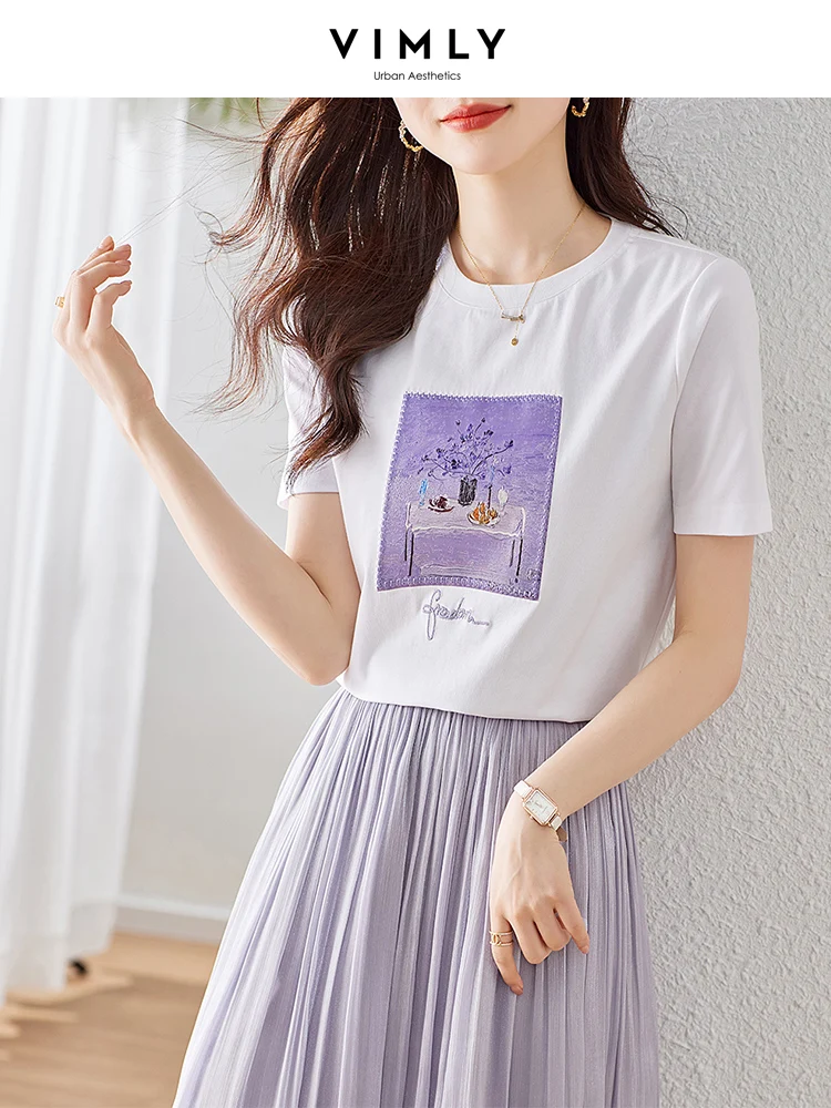 

Vimly Short Sleeve Printed White Tees Casual Loose T Shirts for Women 2023 New In Female Summer Cotton Tshirts Woman Clothing