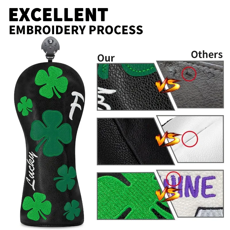 Lucky Charm Golf Putter Head Cover – Deep Black with Green and White Clovers Design