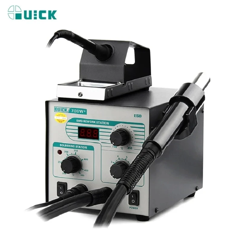 QUICK 706W+ 2 in 1 Digital Display Hot Air Gun + Soldering Iron Anti-static Temperature Lead-free Rework Station With 3 Nozzles